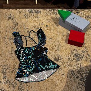 Black floral Parker tank with ruffles, exposed zipper, and back tie XXS